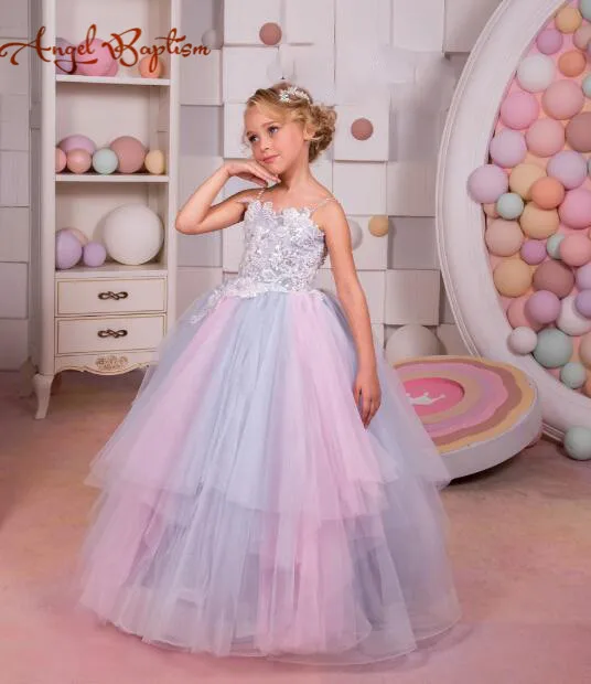 Sexy backless purple and pink laces tulle fairy dresses flower girl dress spaghetti kid pageant party gown with detachable train | Детская