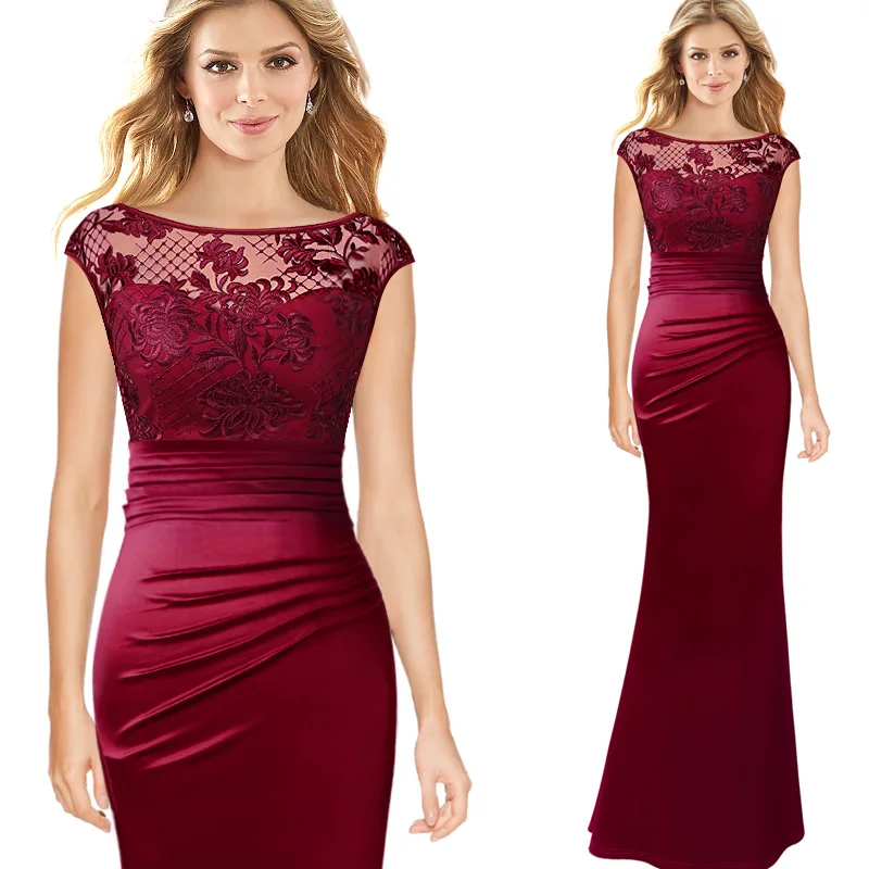Dark Red Vfemage женские цветочные кружевные платья с рюшами; плиссированные Кепки рукава вечерние Свадебная вечеринка для матери невесты платье макси в форме русалки 257 - Цвет: Dark Red