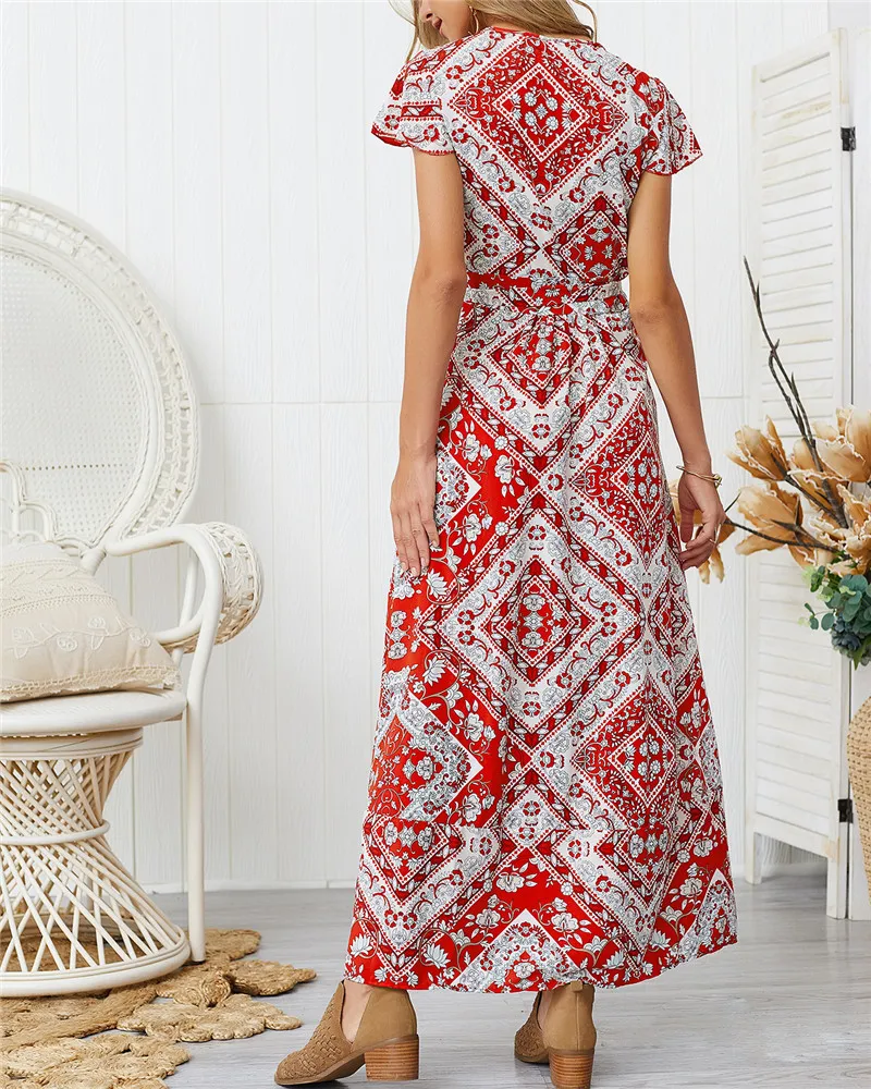 2019 каникулы пляж длинное летнее платье для женщин с коротким рукавом v образным