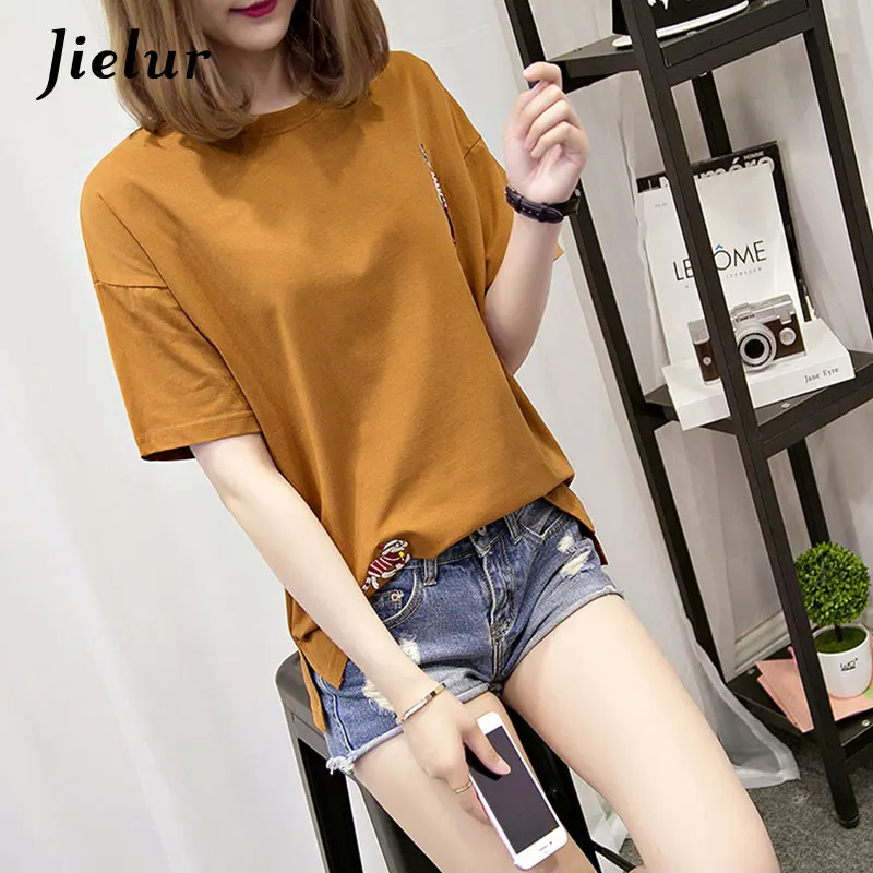 Jielur 2019 Милая футболка с вышивкой из мультфильма Женская свободная простая круглым вырезом женские
