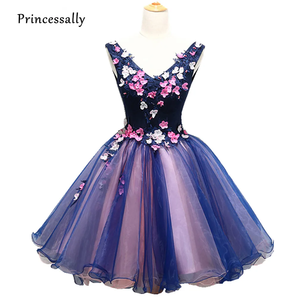 Женское вечернее платье роскошное Короткое Темно синее кружевное с аппликацией