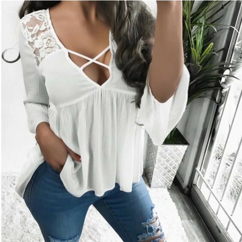 Мода Boho пляжные летние женские топы и блузки 2019 короткий рукав кружевная блузка