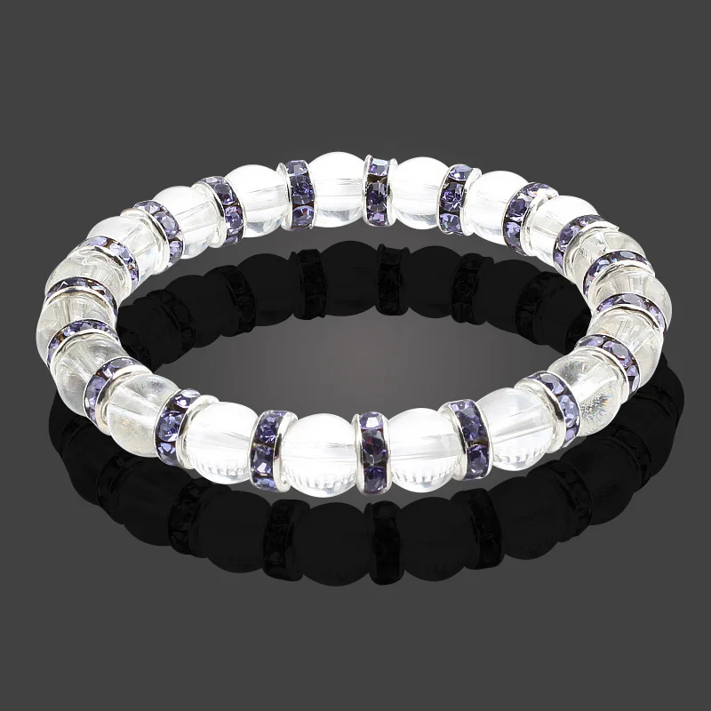 silver purple Серебряные стразы, круглые прозрачные белые бусины, браслеты из натурального камня, растягивающиеся мужские и женские браслеты, круглые бусины, эластичные украшения - Окраска металла: silver purple