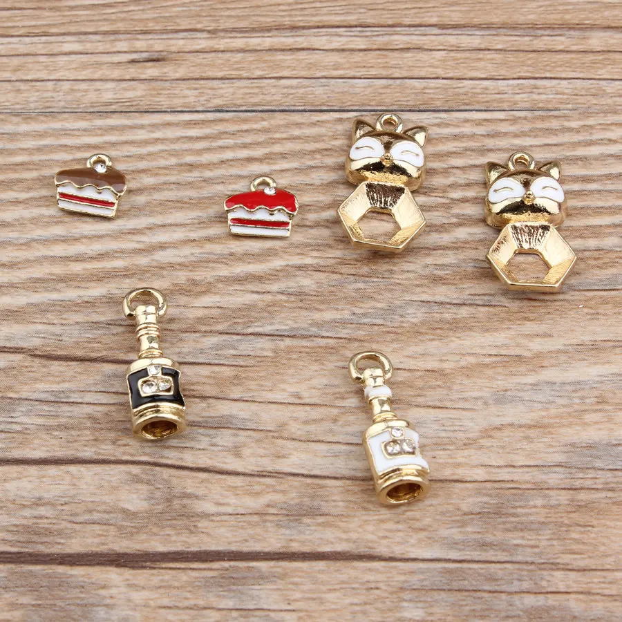 

Fashion Dangle Charms Gold Alloy Colorful Cute Rhinestone red wine bottle cake Fox Enamel Charms Handmade Jewelry Findings DIY
