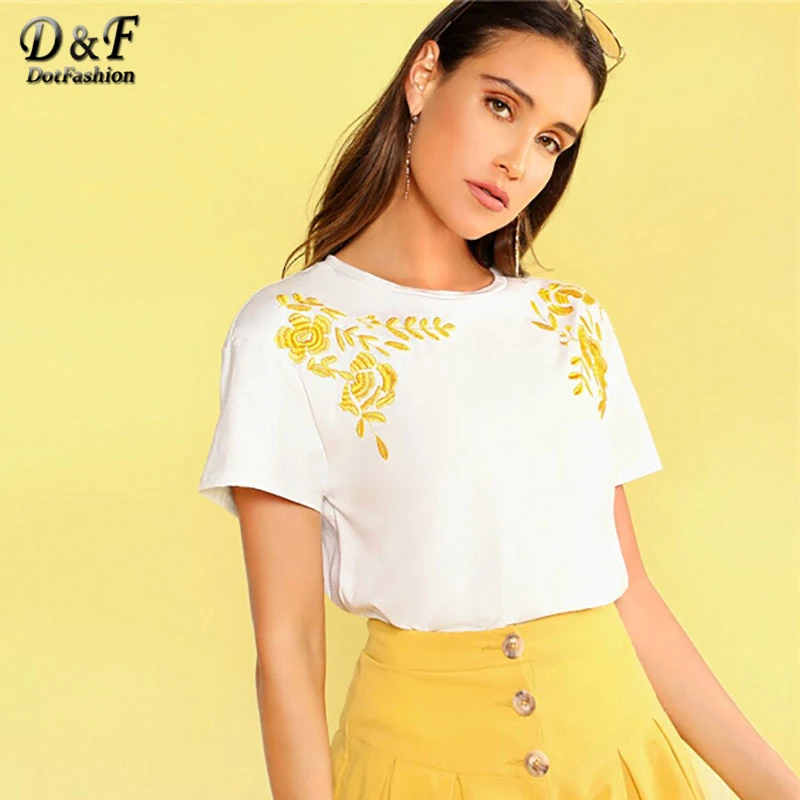 Dotfashion, белая Цветочная вышивка, женская футболка, лето, повседневные топы, короткий рукав, одежда для девушек, корейская мода, футболка