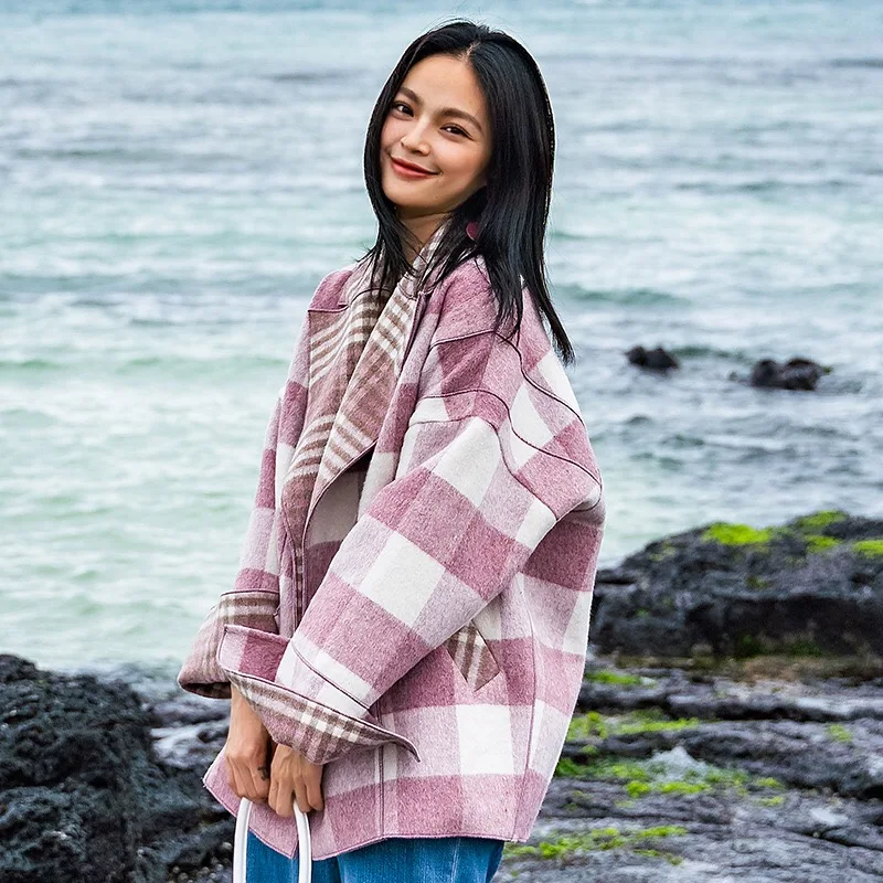 2018 Autumn Winter Original Design Gloria&ampGrace Pink Wool Vintage Plaid Print Oversize Loose Warm Coat Jacket Outerwear | Женская