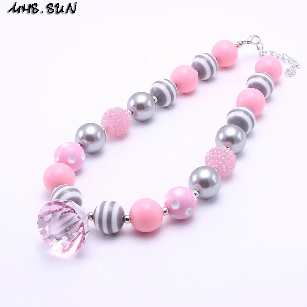 MHS.SUN Pink+Grey Color Kid Bubblegum Chunky Bead Necklace Girl Children Jewelry Set Headband Necklace&ampBracelet | Украшения и