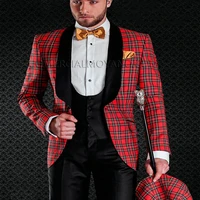 scottish plaid groom tuxedos for wedding prom mens suit shawl lapel tailored made vest 3 piece set jacket with black pants