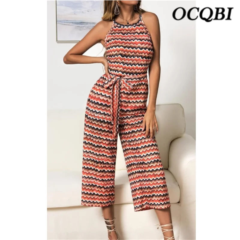 

2019 Fashion Casual Jumpsuit Women Bodycon Bandage Stripe Patchwork Summer Jumpsuit