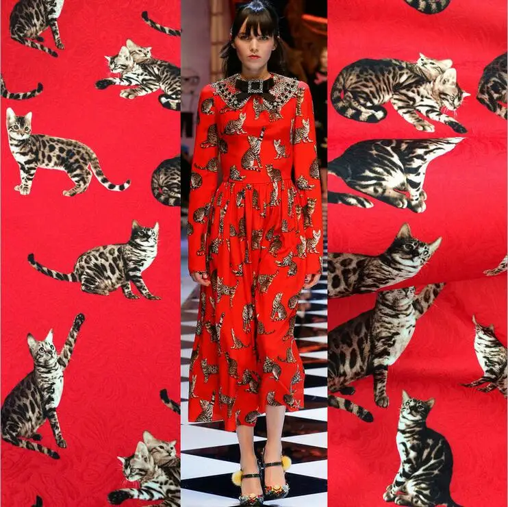 100% чистой шелковой ткани рыжий кот печати мягкий шелковый креп для женщин