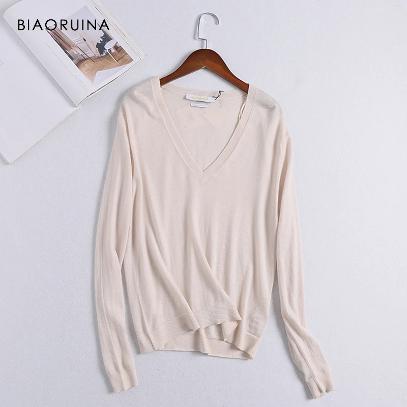BIAORUINA Women Chic Merino Wool Thin Knitted Sweater Ddep V-neck Elegant Women's Solid Pullover Female Casual Sweaters | Женская