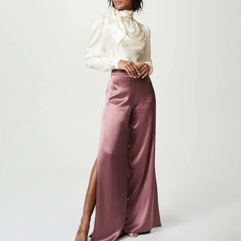 Женская рубашка с бантом на воротнике VGH однотонная Облегающая длинными рукавами