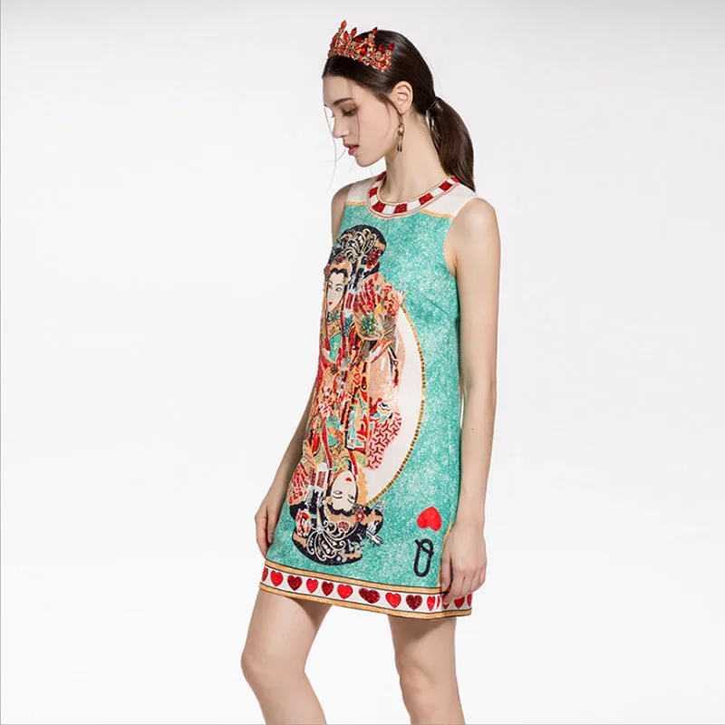 China Retro Character Diamond Beading Sequins 2018 Runway Dress Women High Quality Casual Jacquard Sleeveless | Женская одежда