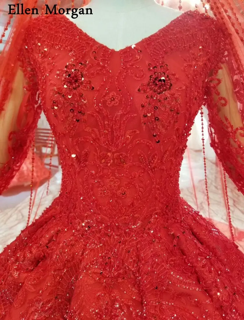 Muslim Long Sleeves Red Wedding Dresses 2019 for Women Vintage V NecK Floor Length Customized Ball Gowns Bridal with Veils | Свадьбы и