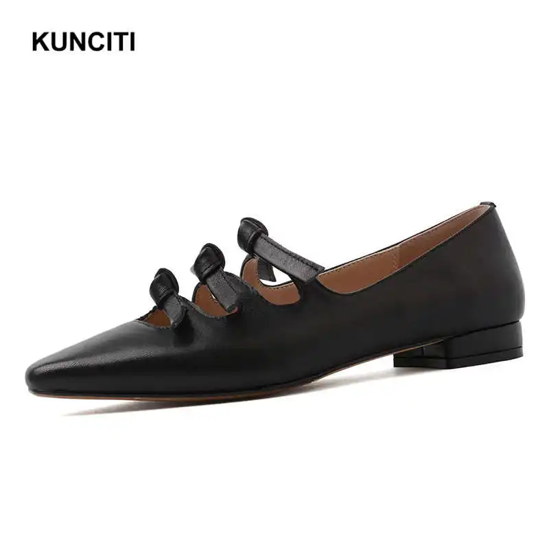 Black KUNCITI/ балетки на плоской подошве новые кожаные тонкие туфли с квадратным носком и бантом женские мокасины из натуральной кожи высокого качества; F9134 - Цвет: Black