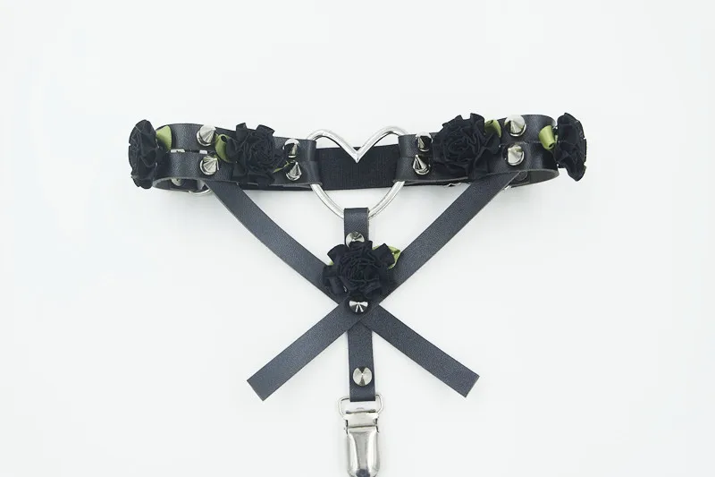 Black Garter Милые модные дизайнерские кожаные ремни на бедрах, цветочные подвязки с крестиком для ног в стиле панк-рок с большим сердцем, шипы, подвязки с поясом, кольцо - Цвет: Black Garter