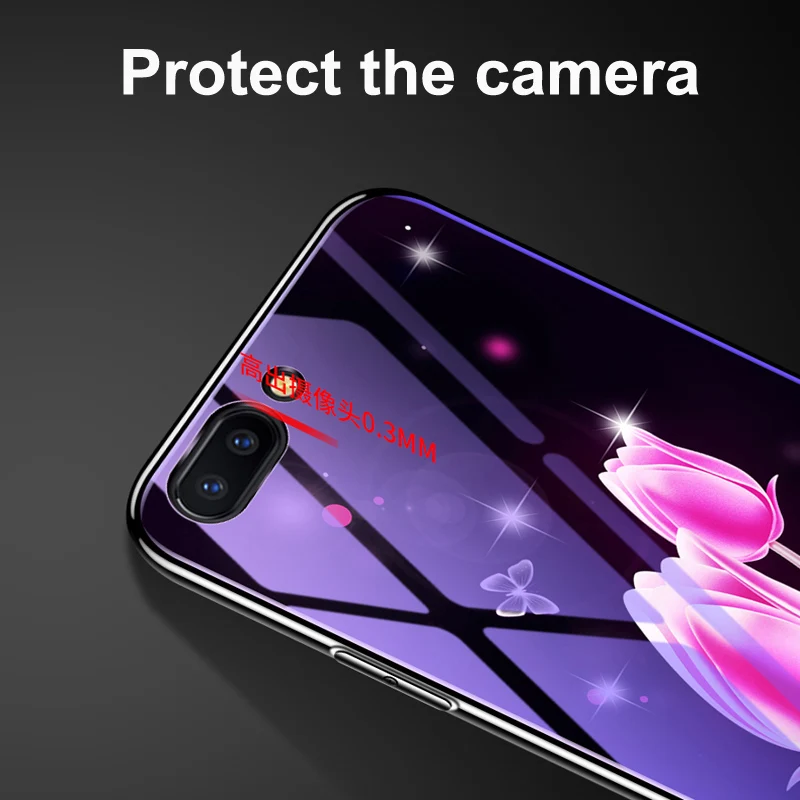 Для OPPO A3S чехол с цветком мультяшный синий закаленное стекло задняя крышка для