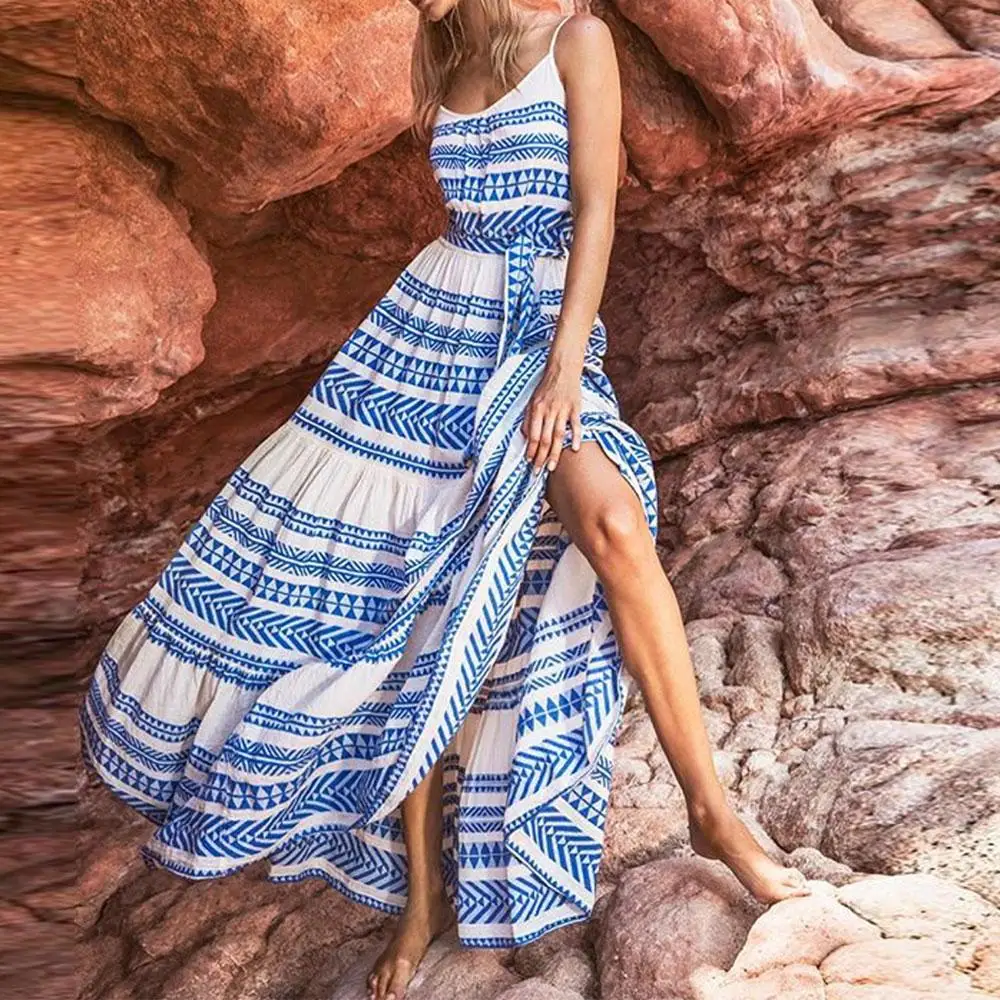 Elsvios, женское платье в полоску, с принтом, Boho, модное, летнее, с открытыми плечами, пляжные платья, с открытой спиной, на бретелях, макси платье размера плюс, Vestidos