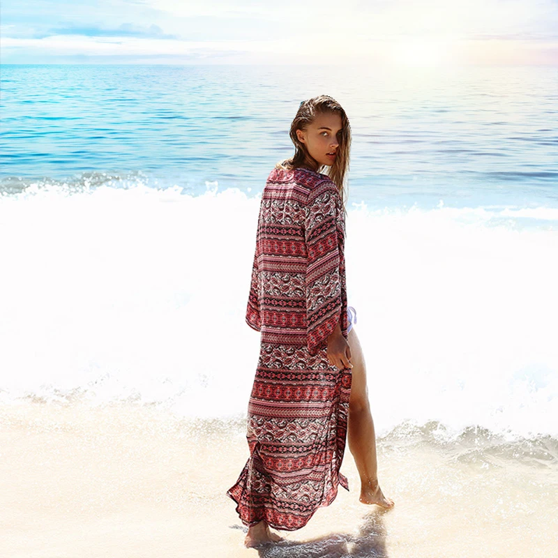

Vestido Verano Beach Maxi Lady Long UV Sunscreen Overall Dress Women Swimsuit Full Sleeve Cover Ups Beach Shawl Boho Tops W1037