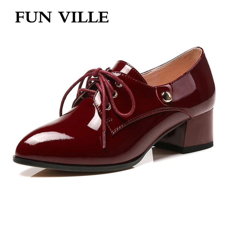 

FUN VILLE British style 2018 spring woman pumps Patent leather Work shoes for women Sexy Mature Ladies shoes lace up size 34-43