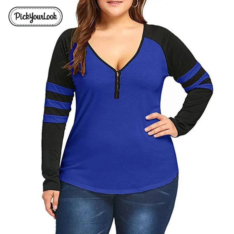 Pickyourlook размера плюс, женские Топы И Футболки с длинным рукавом, v-образный вырез, кнопка, женская футболка, осенняя полосатая женская футболка большого размера - Цвет: Синий