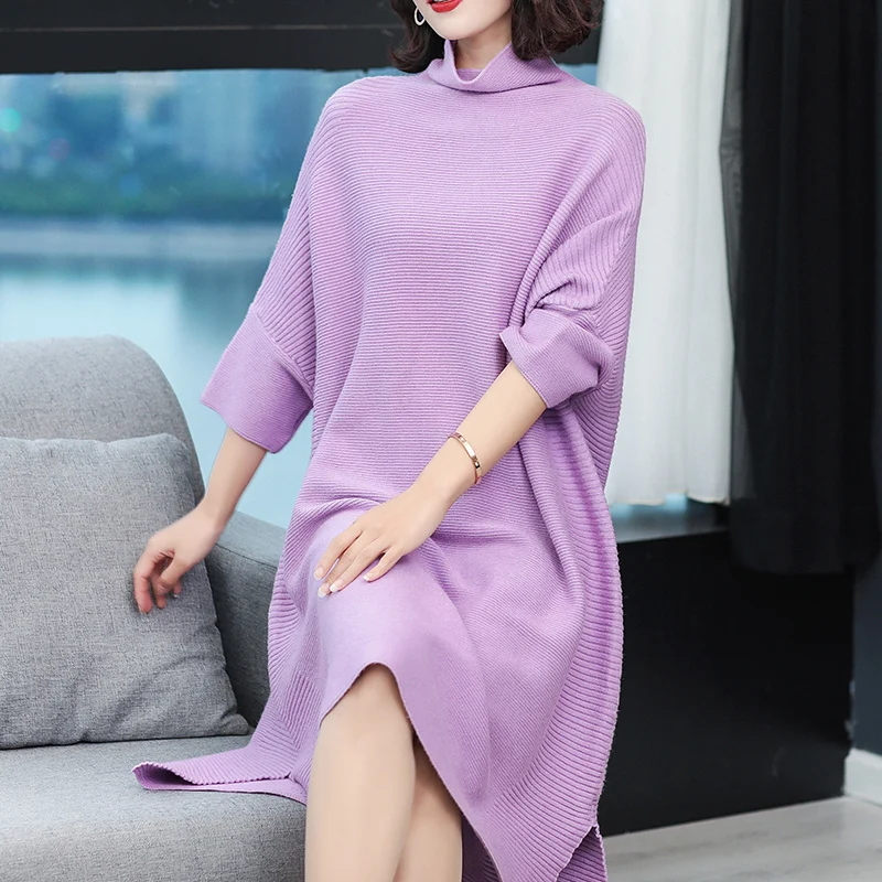 Высокое качество осень зима Женская водолазка очень свободный свитер платье
