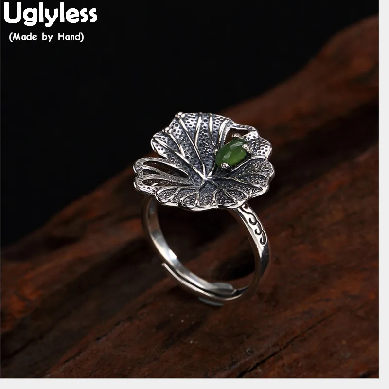 

Uglyless 100% Real Solid 925 Sterling Silver Handmade Thai Silver Lotus Leaf Finger Rings for Women Nature Jade Open Ring Bijoux