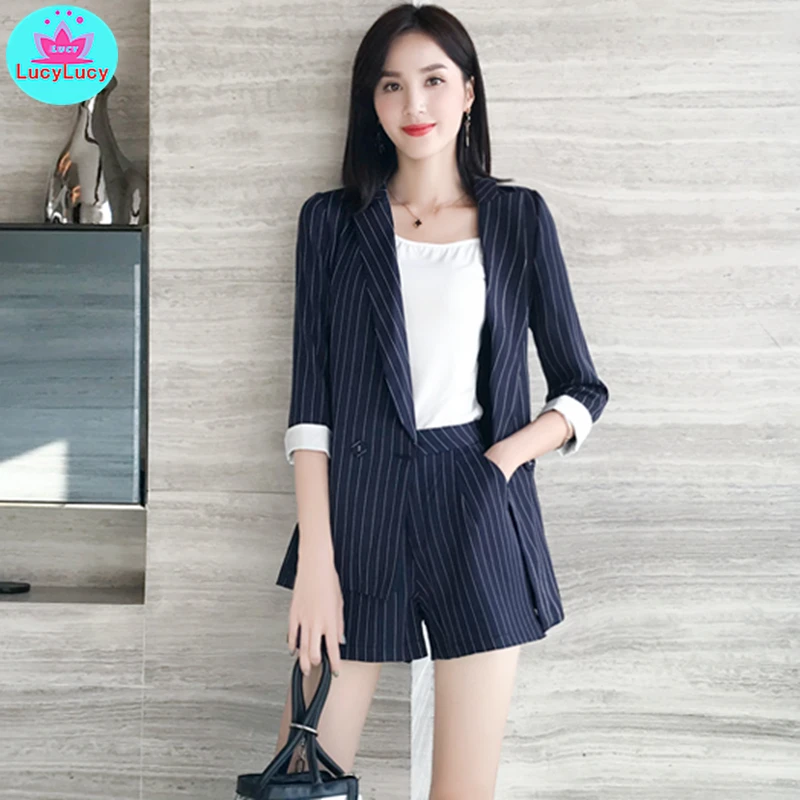 

2019 summer striped thin section seven-point sleeve cuff stitching contrast suit + shorts casual two-piece suit