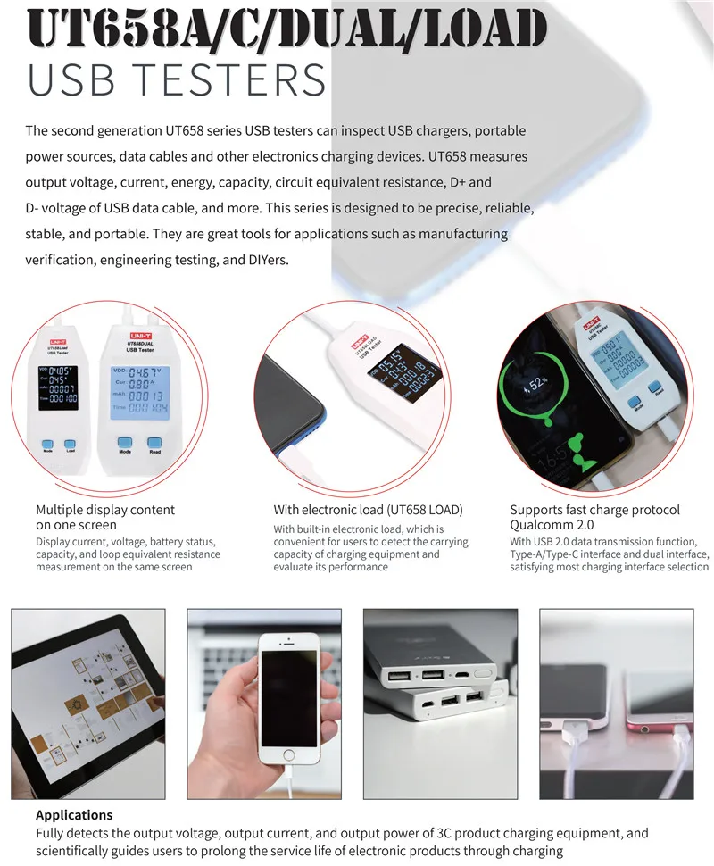 UNI-T UT658A/UT658C/UT658Dual USB тестер; зарядное устройство/Мобильная мощность/кабель для передачи данных/мобильный телефон/зарядное оборудование тестер качества