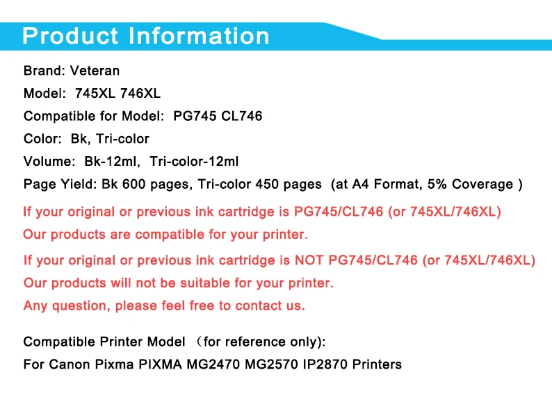Veteran PG-745XL PG745 CL-746 XL замена картриджа с чернилами для Canon PG 745 CL 746 Pixma MG2470 MG2570 IP2870 IP2872 |