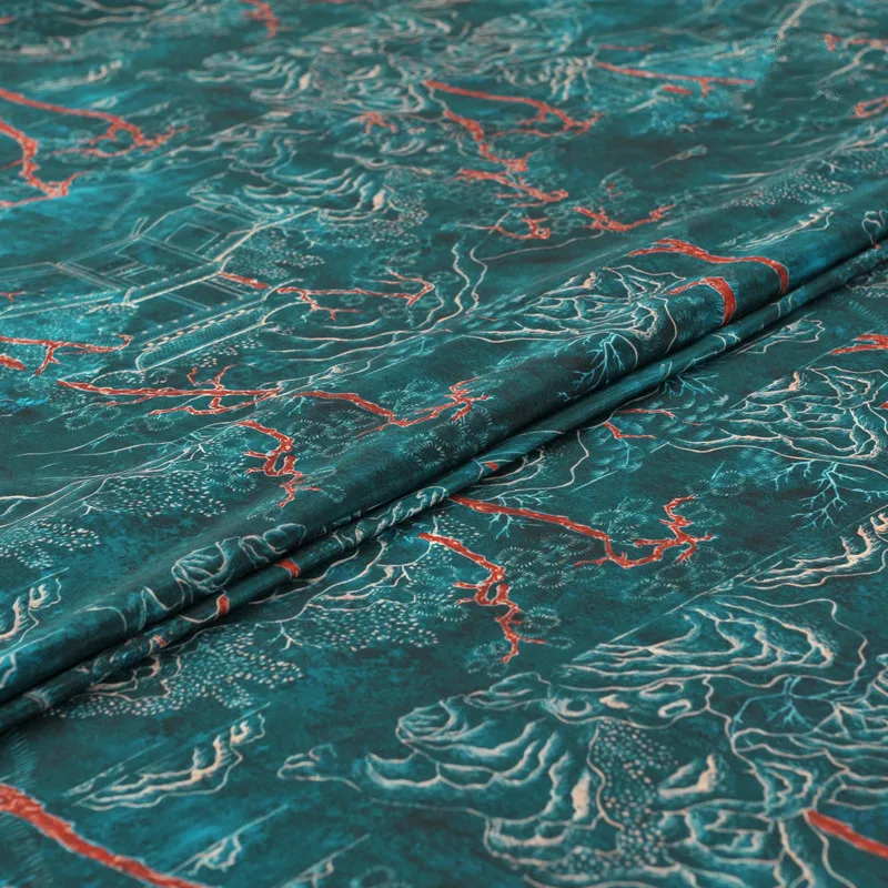 

New 140cm wide 16mm green mountain printed silk crepe cloth spring and summer Natural silk fabric silk cloth dress shirt