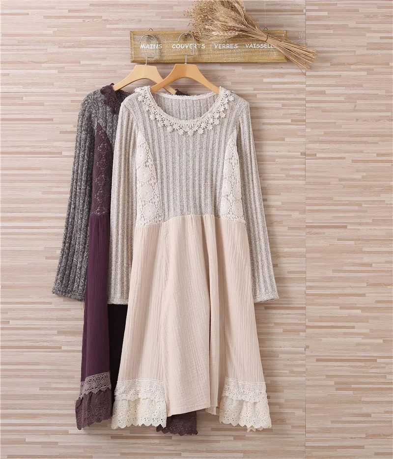 Women Retro Spring and Autumn Rural Style O Necked Long Sleeve Dress Knitting Patchwork Cotton Lace Dresses Y03567 | Женская одежда