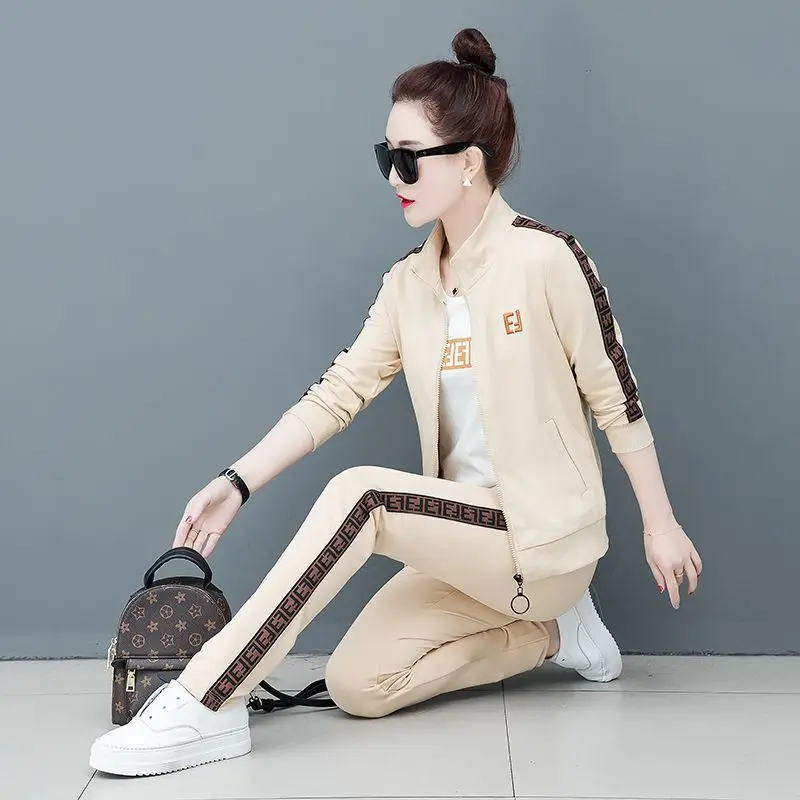 Plus size three piece outfits women sports tee and jacket pant casual sets |