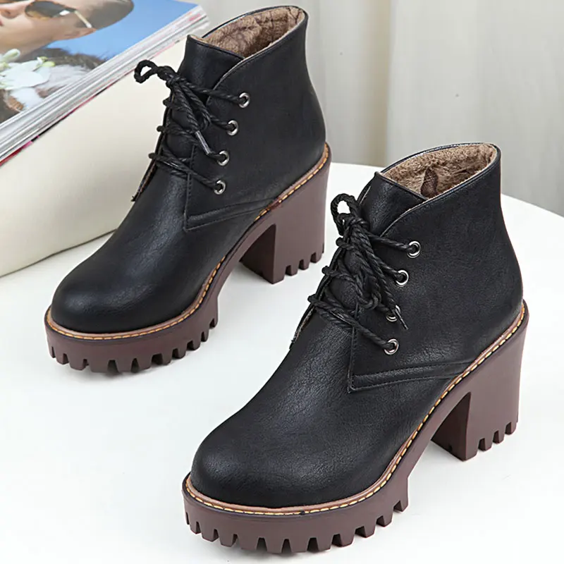 Female Classic High Fashion Round Toe Thick Heels Lace-up Knight Ankle Boots Lady Black Grey Simple Vogue Martin Shoes ZX648 | Обувь