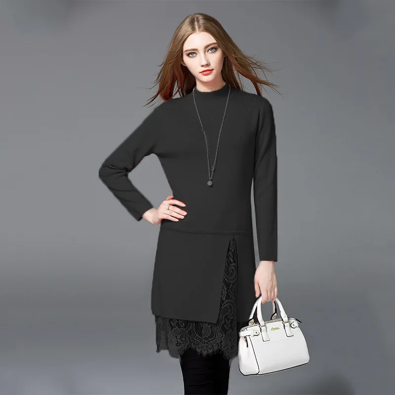 Осень 2017 г. водолазка леди Повседневное платья Кружево девять очков рукав длиной