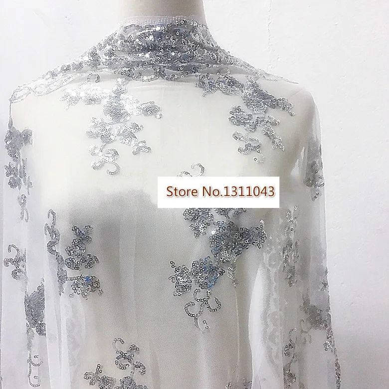 Сетчатая вышитая кружевная ткань с блестками Чонсам черного и серебряного цвета