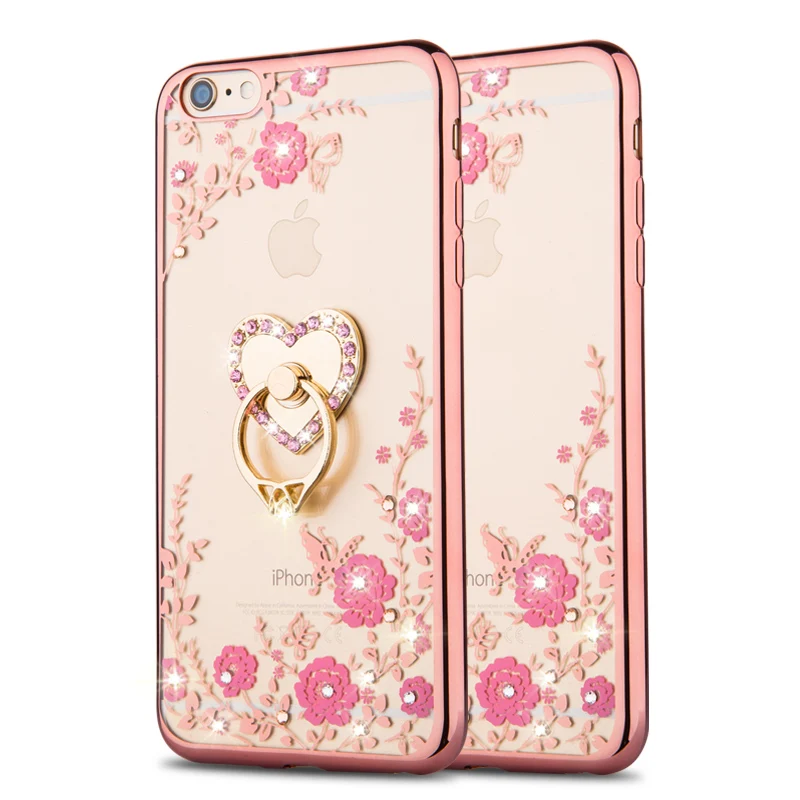 Алмаза мягкий чехол для IPHONE5s SE 6 S плюс 7 Plus Цветок Bling ТПУ кольцо 360 держатель