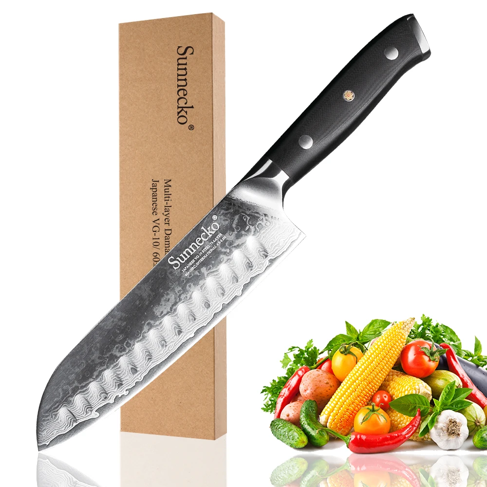 SUNNECKO Премиум 7 inch Santoku Ножи японский VG10 Дамаск Сталь лезвие мясо резак фруктов G10