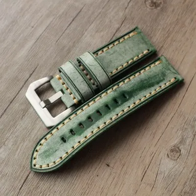 green sliver clasp Винтажный кожаный мужской ремешок для часов 20 22 24 персональный первый ремешок из воловьей кожи для часов PAM111 441, зеленый серый кожаный ремешок - Цвет ремешка: green sliver clasp