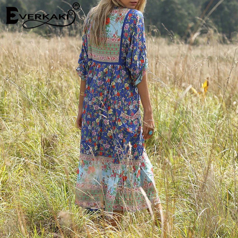 Everkaki Boho платье с цветочным принтом женское Цыганское Платье v образным вырезом и