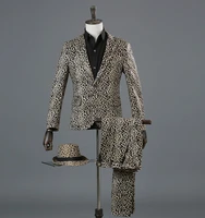 new men leopard formal dress blazer 2pcs suits trousers jacket pants one button male set