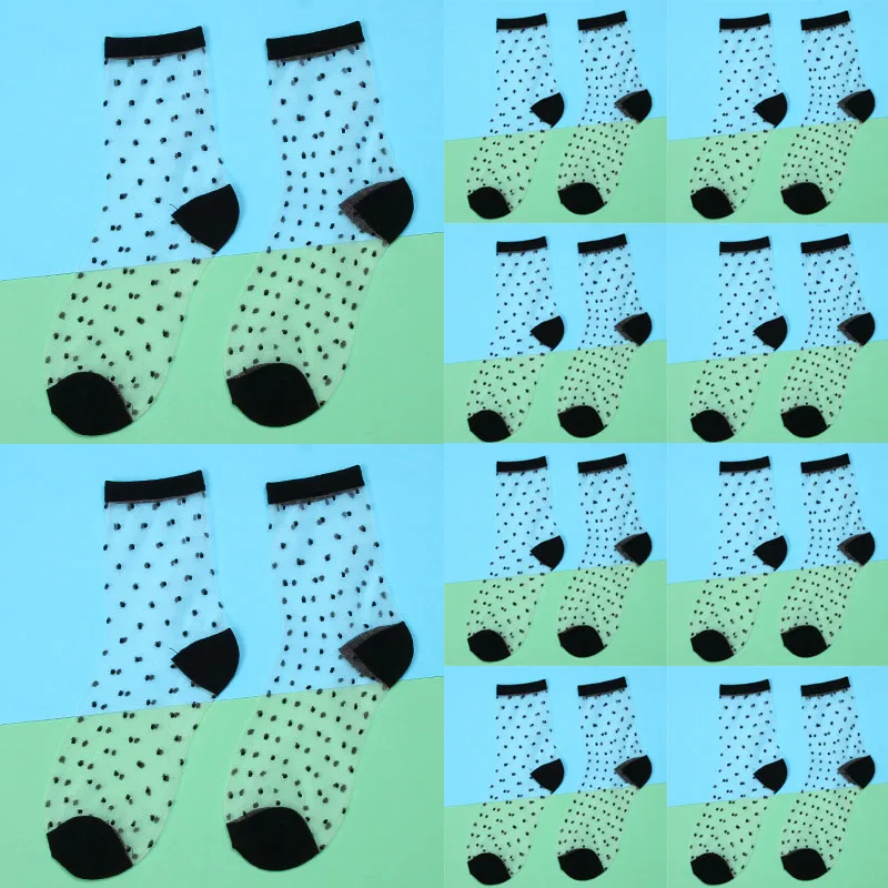 10pairs-BK-dot 10 пар в партии женские носки летние женские короткие сетчатые Носки Прозрачные эластичные винтажные кружевные носки черные белые женские носки - Цвет: 10pairs-BK-dot