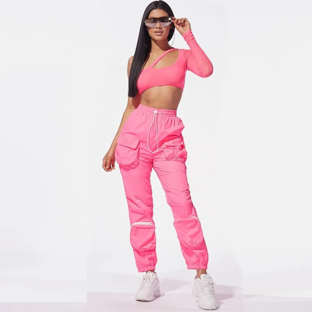 

Sexy Mesh Tracksuit Women One Shoulder Crop Top Pocket Pants Suit 2 Piece Set Sportwear Street Tracksuit Club Outfits Plus Size
