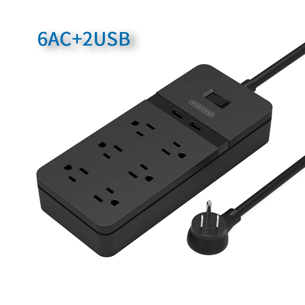6AC Black NTON Защита от перенапряжения напряжения с 1,5 м шнур питания USB зарядное устройство умная лента питания с 8 AC 2 USB вилка США для дома и офиса - Цвет: 6AC Black