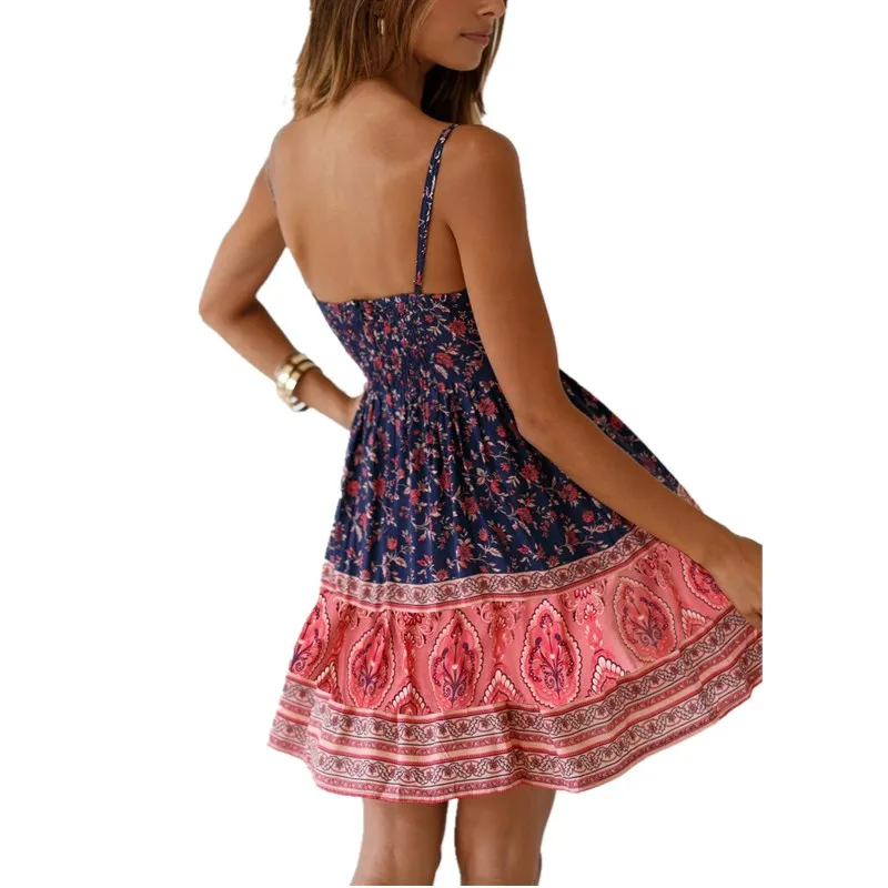 

Vintage Print Boho Sling Dress Women Backless Spaghetti Strap Mini Sexy Dresses Casual Summer Dress Beach Sundress Loose Vestido