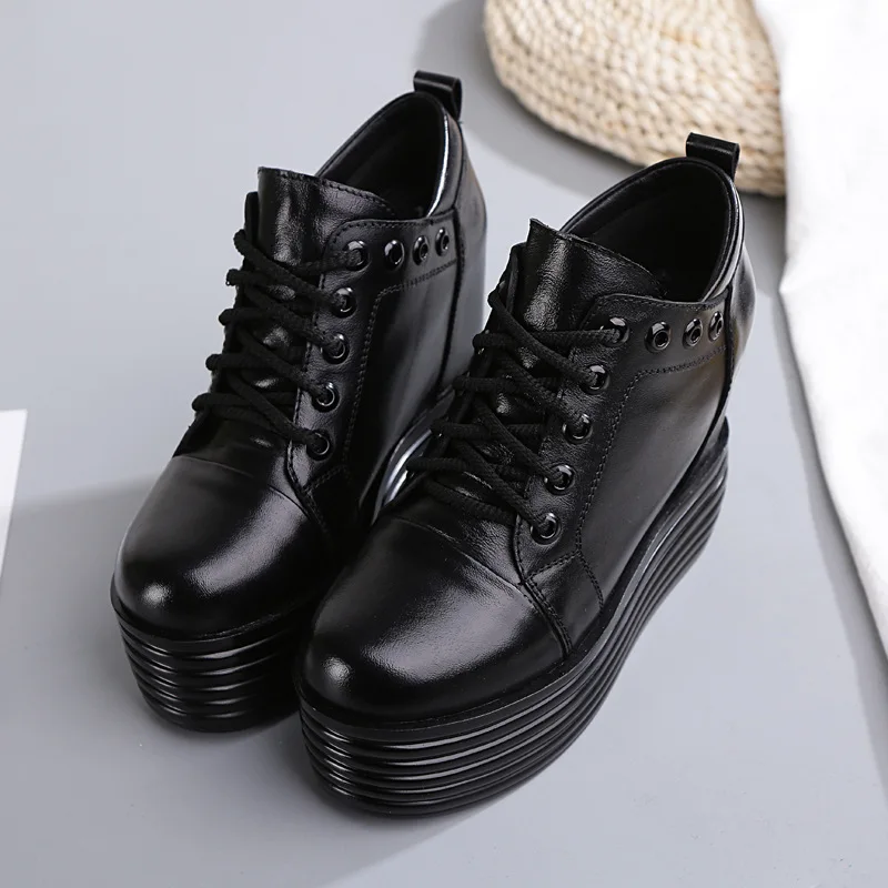 

SWYIVY Boots Shoes Platform Woman 2018 Fall Female Casual Ankle Short Boots Genuine Leather Black Rivet Height Increased Boots