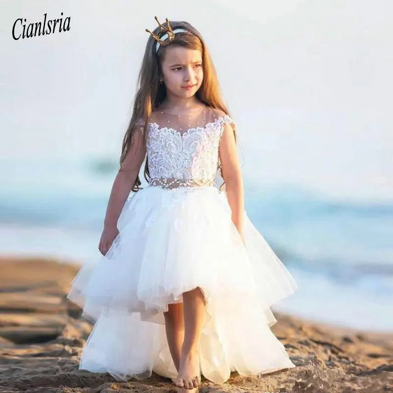 

High Low Princess Dress Sheer Neck Flower Girl Dress With Beading For Special Occasion Custom Made Kids Prom Dresses