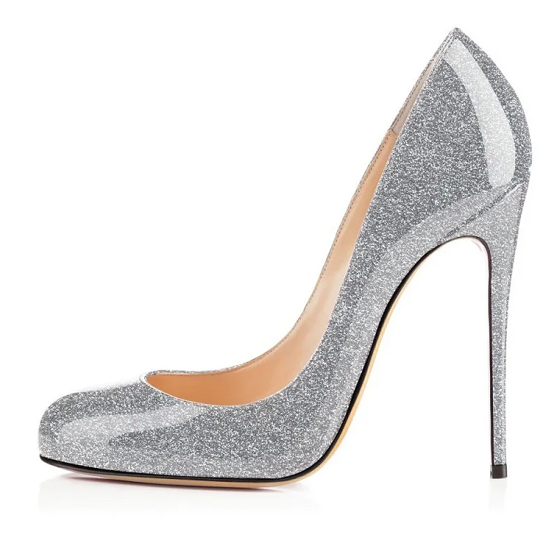 Silver Glitter Amourplato/женские модные туфли-лодочки ручной работы на высоком каблуке 120 мм; вечерние туфли-лодочки на шпильке с круглым носком; цвет черный, бежевый - Цвет: Silver Glitter
