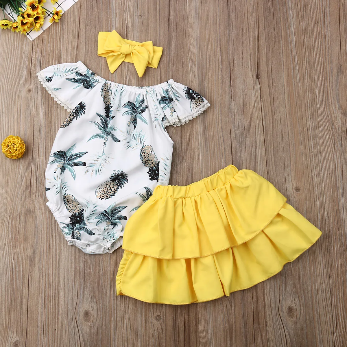 Lovely Infant Baby Girls Clothes Sets Ruffle Sleeves Floral Romper Tops+Solid Skirts+Headband Outfit | Детская одежда и обувь