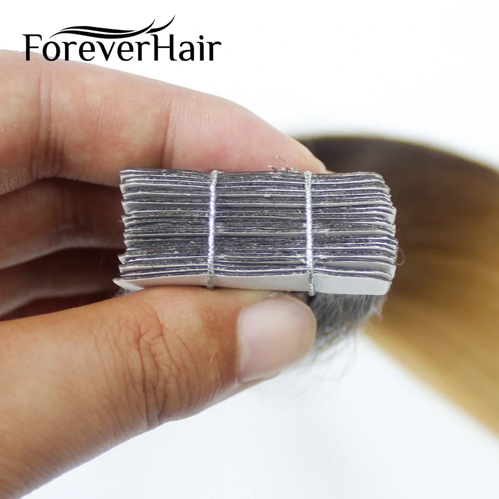 FOREVER HAIR Tape In человеческие волосы для наращивания 14, 16, 18, 20 искусственные волосы одинаковой направленности волос на Клейкой Ленте ПУ кожи Weft невидимые 20 шт
